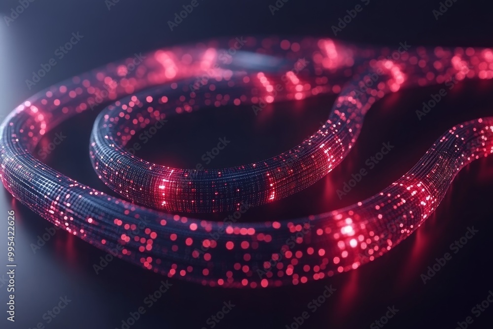 Poster glowing pink and red fiber optic cables transmitting data through a futuristic digital environment s