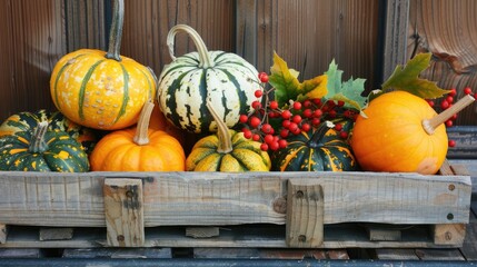 Various pumpkins and fall berries in wooden crate on wooden surface