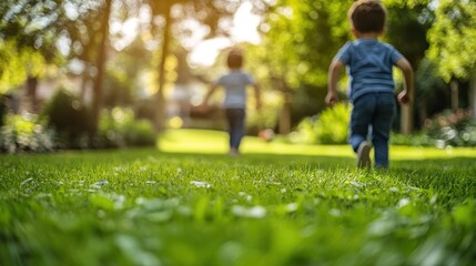Obraz premium Blurred Children Playing in Green Grass.