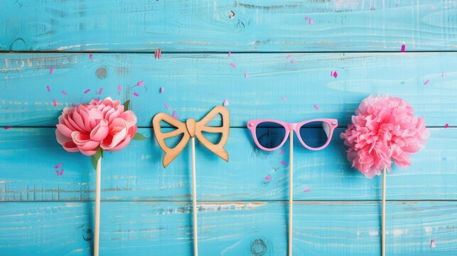 Vintage themed Party Photo Booth Props on Blue Wooden Background