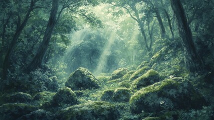 Deep forest scene with moss covering rocky surfaces, beams of light piercing through tree canopy, tranquil and peaceful mood, hyper-detailed, cinematic angle, soft watercolor effect