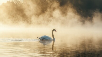Fototapeta premium A graceful swan gliding across a serene lake, with mist rising from the water in the early morning light.