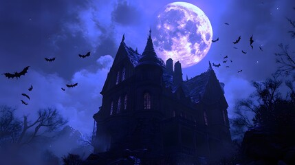 16. A spooky haunted house with bats flying around a full moon