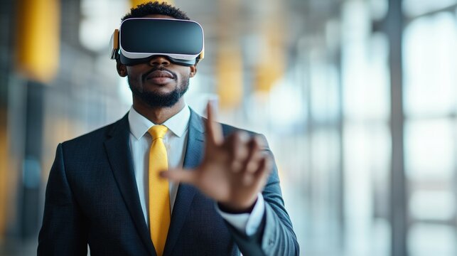 Businessman wearing VR headset in office.