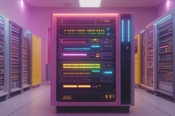 High tech server room with illuminated racks and pink and blue LED lights representing modern cloud computing infrastructure and secure data storage systems