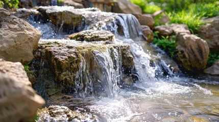 Waterfall flowing into stream amidst rocks River scenery for nature tourism
