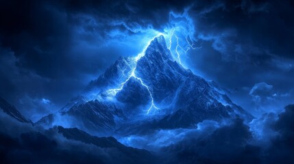 Fototapeta premium Dramatic lightning bolt striking a tall lone mountain peak during a dark stormy night, illuminating the landscape with intense blue light, clouds swirling above