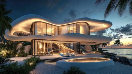 Fototapeta premium A modern futuristic beachfront villa with large glass windows, providing stunning ocean views at sunset, blending luxury and serenity