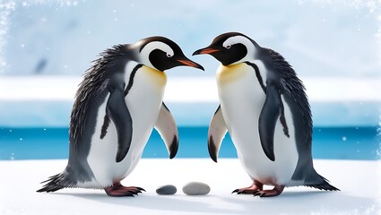 Obraz premium This photograph captures a touching moment between a pair of penguins displaying courtship behavior, a significant part of their bonding process.