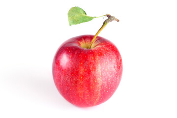 Fresh Red Apple with Green Leaf on White Background