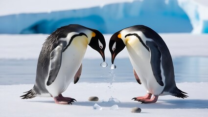 Fototapeta premium This photograph captures a touching moment between a pair of penguins displaying courtship behavior, a significant part of their bonding process.