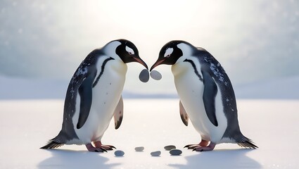 This photograph captures a touching moment between a pair of penguins displaying courtship behavior, a significant part of their bonding process.