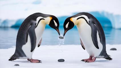 This photograph captures a touching moment between a pair of penguins displaying courtship behavior, a significant part of their bonding process.