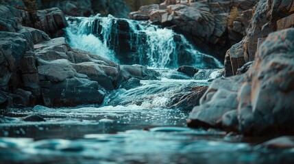 Waterfall flowing into stream amidst rocks River scenery for nature tourism