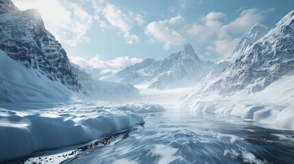 Water cascades in snowy mountains with smooth streaming