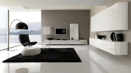White modern living room with a beautiful view