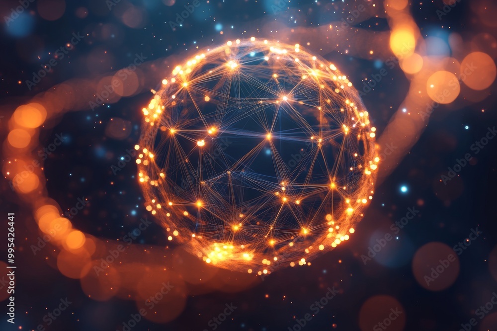 Poster abstract glowing golden network sphere representing global data interconnectivity and digital commun