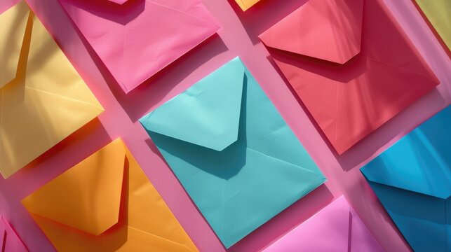 Vibrant paper envelopes on pink surface top view Room for text
