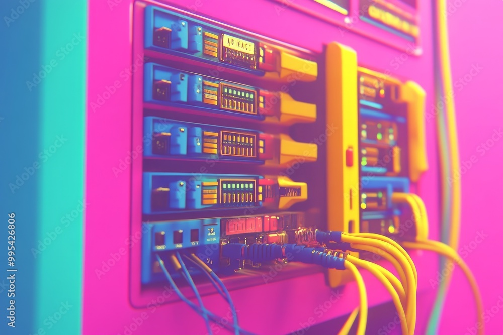 Poster colorful ethernet cables plugged into a pink and blue server rack illustrating modern digital data c