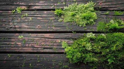 Green moss growing on aged timber