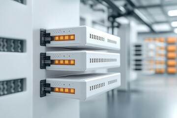 Close up of white electrical switchgear panels in an industrial setting illustrating power distribution and control systems in modern electrical infrastructure