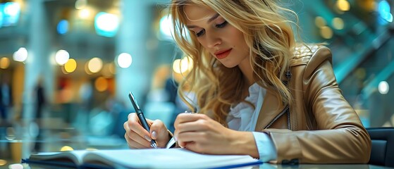 Naklejka premium A woman writes in a notebook, focused and engaged in her task in a modern setting.