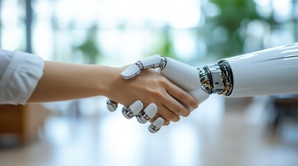 Human and robot handshake, future technology.