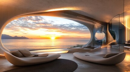 Fototapeta premium Stunning futuristic beachfront villa with large glass windows, showcasing breathtaking sunset views over the ocean, creating a serene ambiance