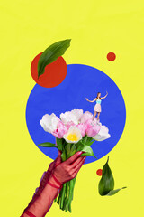 Vertical poster collage flowers blossom hold bouquet womens day roller skater leisure weekend...