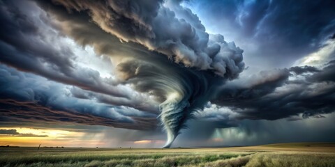 of a powerful tornado swirling with dark clouds in the sky, tornado, storm, weather, natural disaster, swirl, wind