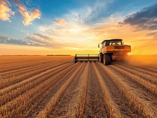 Fototapeta premium Agricultural combine harvesting on the farming field, beautiful sunset in the background. Agriculture food industry