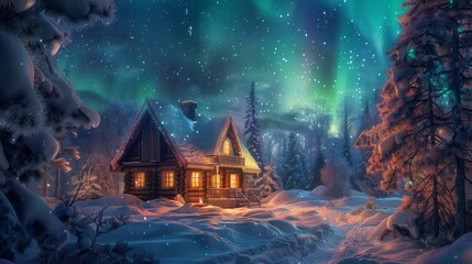 A cozy cabin in the woods with a fireplace and a view of the aurora borealis