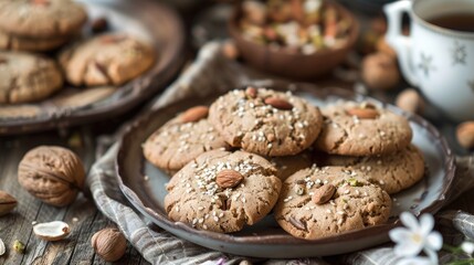 Vegan gluten free cookies with almonds sesame and pistachios at a tea party