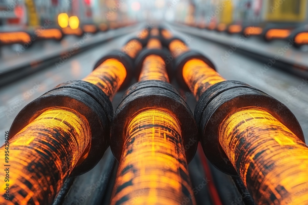 Poster industrial orange and black data cables lined up in a high tech facility representing organized data