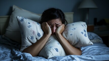 A woman suffering from insomnia covers her head with a cushion to block out the light, seeking relief from her sleeplessness. She clutches a pillow tightly