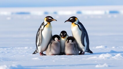 Fototapeta premium This enchanting photograph captures the heartwarming moment of a line of penguin chicks following their parent across a vast, snowy landscape.