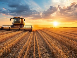Obraz premium Agricultural combine harvesting on the farming field, beautiful sunset in the background. Agriculture food industry