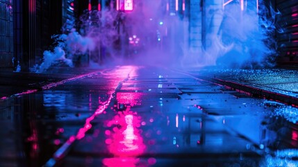 Urban setting with wet ground reflecting light abstract blue background with smoke neon lights in dark scene