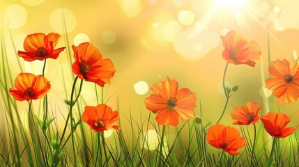 Vivid orange flower backdrop with bright sun and grass scenery