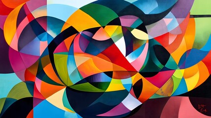 Obraz premium Complex abstract art with fluid organic forms and precise geometric shapes in a vibrant modern palette