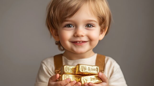 Happy little boy holding gold bars.