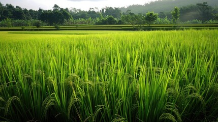Obraz premium Field of rice characterized by its green color