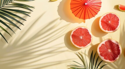 Tropical themed summer refreshment flat lay with grapefruit and red paper umbrella on light yellow background with palm leaf shadows