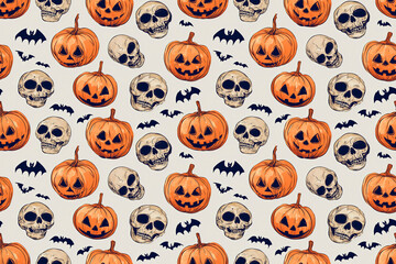 Obraz premium halloween pumpkins and bats seamless pattern with white background