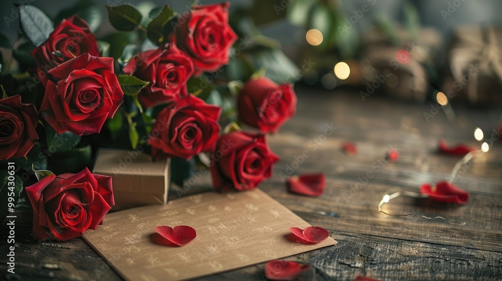 Poster valentine s day roses and card on rustic table with soft focus