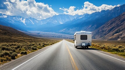A modern travel trailer on a wide open road with mountains in the distance