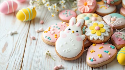 Obraz premium Vibrant Easter cookies and bunny on light wood backdrop