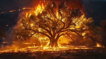 Fire encircling a large tree
