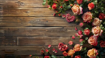 Heart shaped rose flowers on wooden table with space for text