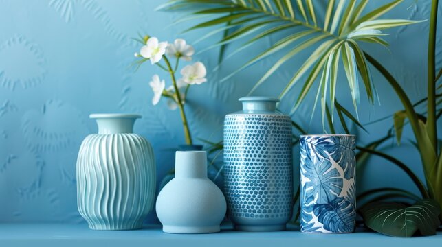 Tropical themed decoration with blue accents featuring small vase and totumo containers
